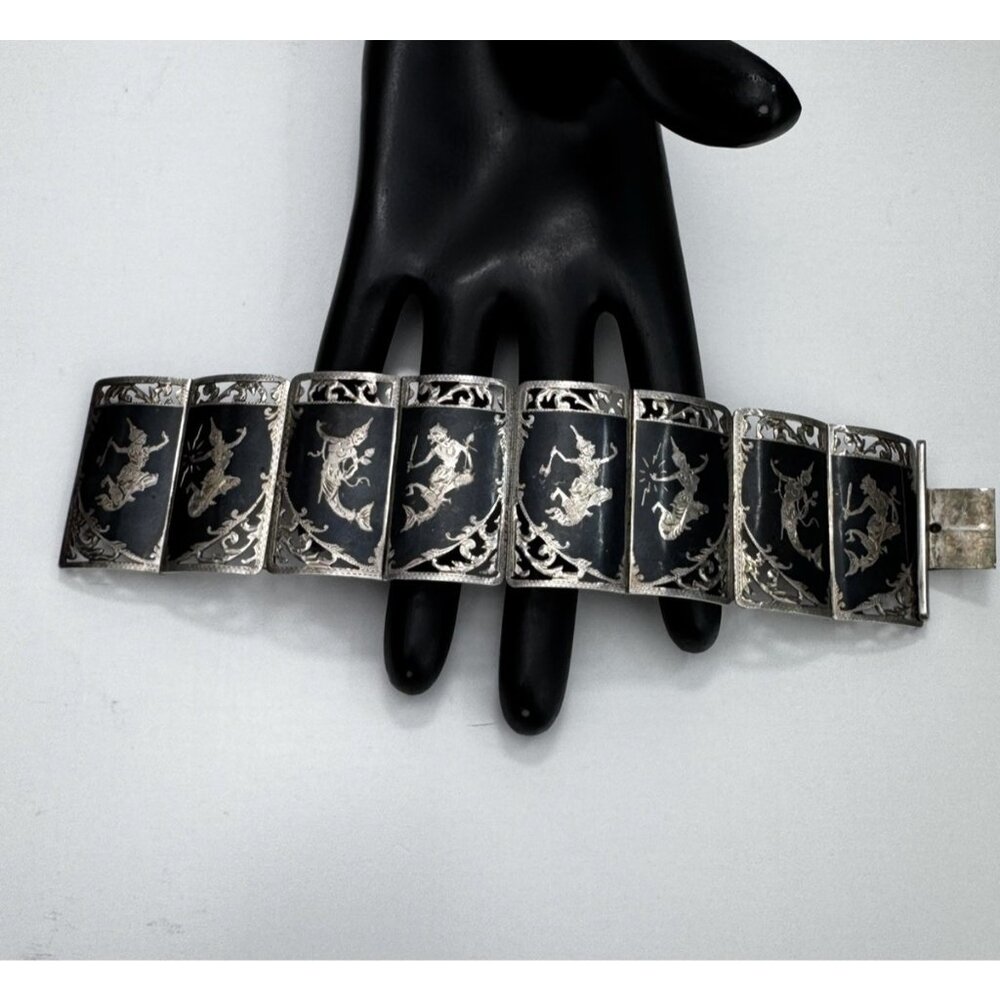 Vintage Siam Niello Sterling Silver Heavy Panel Bracelet Mythical Figures Signed